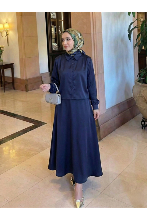 Omuz Pile Detay Saten Etekli Takım-Lacivert