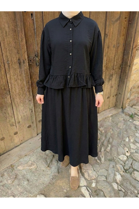 Büzgü Detay Etekli Takım-Siyah