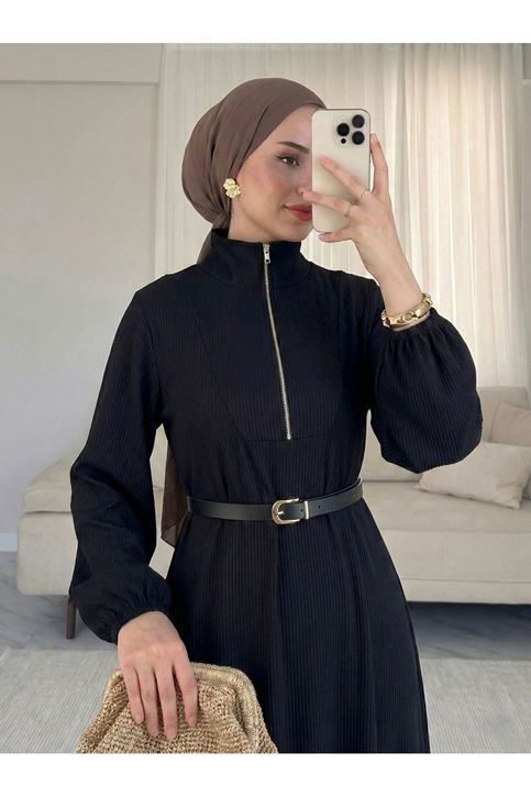 Fermuar Detay Elbise-Siyah