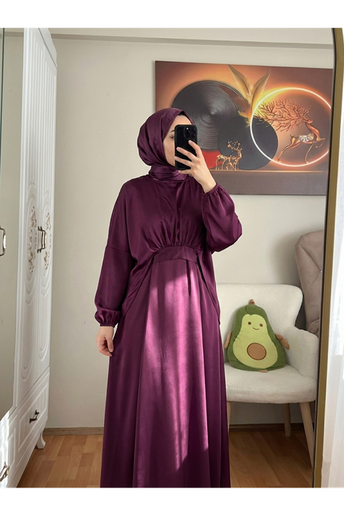 Bağlama Detaylı İkili Saten Elbise-Mürdüm