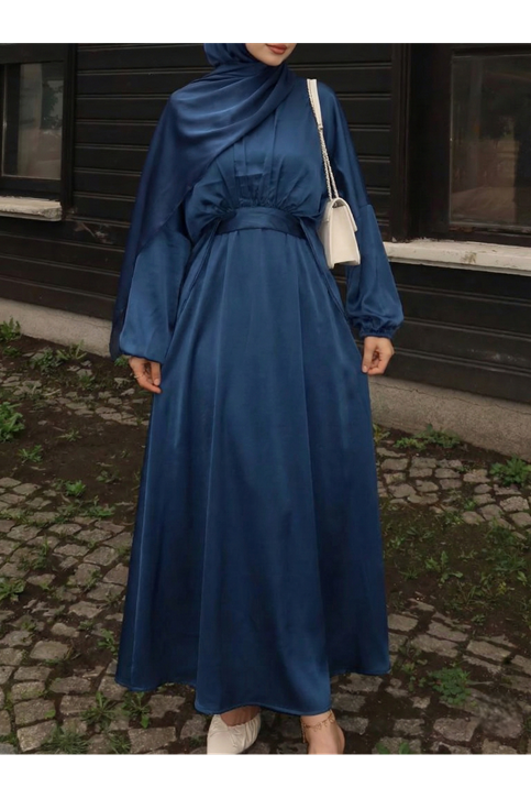 Bağlama Detaylı İkili Saten Elbise-Petrol Mavisi