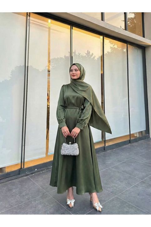Kuşak Detay Saten Elbise-Haki