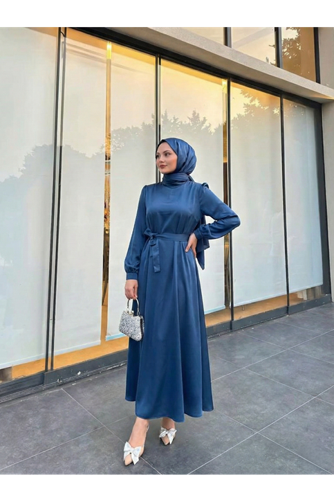 Kuşak Detay Saten Elbise-Petrol Mavisi