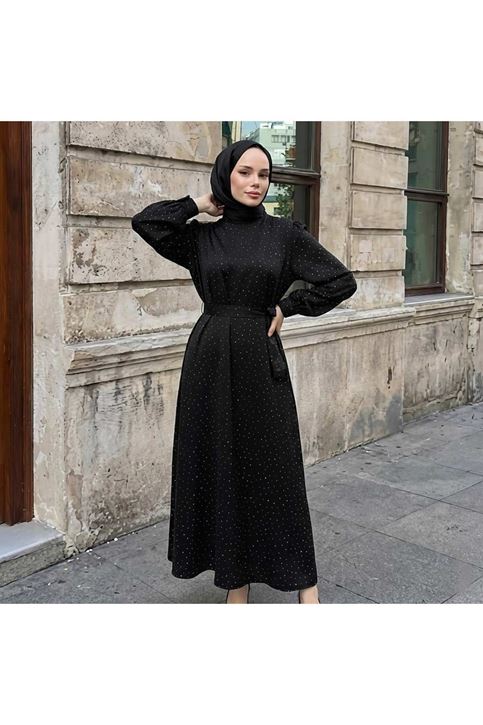 Saten Taşlı Elbise-Siyah