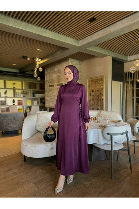 Yanlar Birit Bağlamalı Elbise-Mürdüm