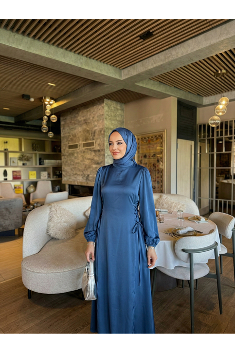 Yanlar Birit Bağlamalı Elbise-Petrol Mavisi
