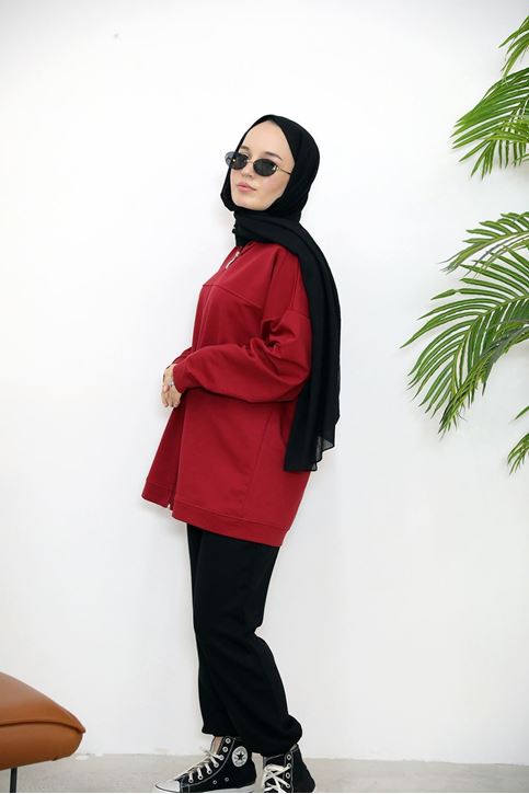 Kapşonlu Fermuar Detay Hırka-Kırmızı