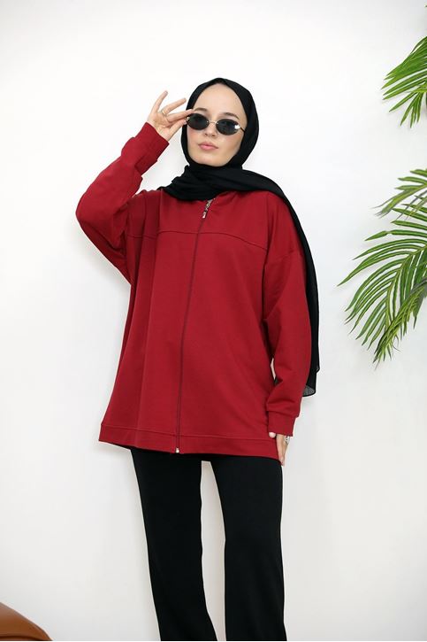 Kapşonlu Fermuar Detay Hırka-Kırmızı