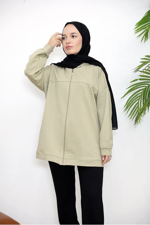 Kapşonlu Fermuar Detay Hırka-Mint