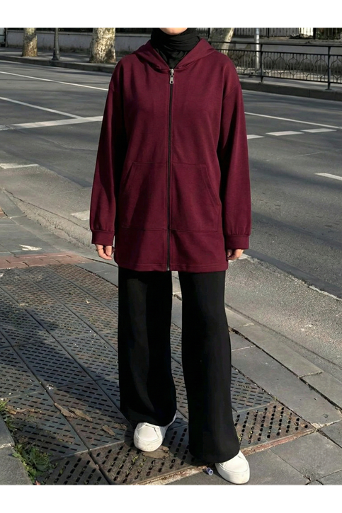 Kapşonlu Fermuar Detay Hırka-Bordo