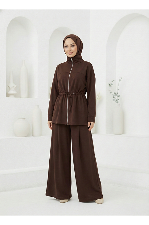 Beli Tünelli Pantolonlu Takım-Kahve