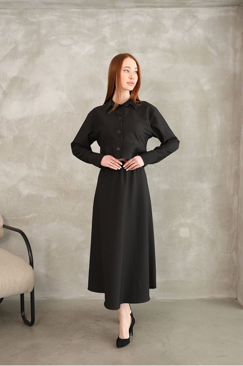 Sıralı Dikiş Detay Etekli Takım-Siyah