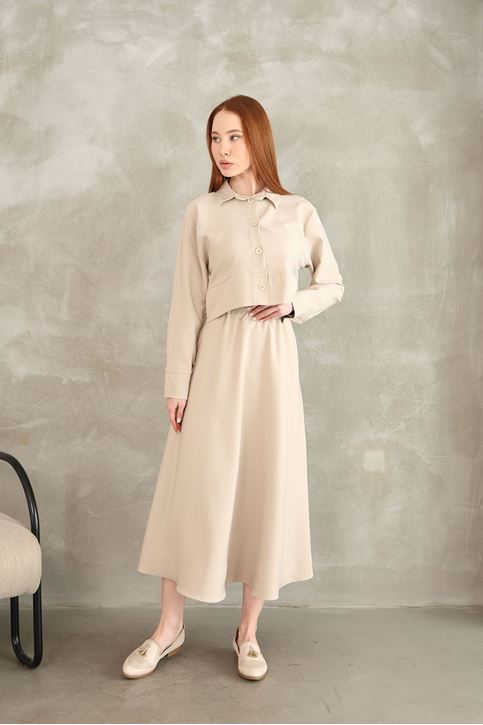 Sıralı Dikiş Detay Etekli Takım-Taş