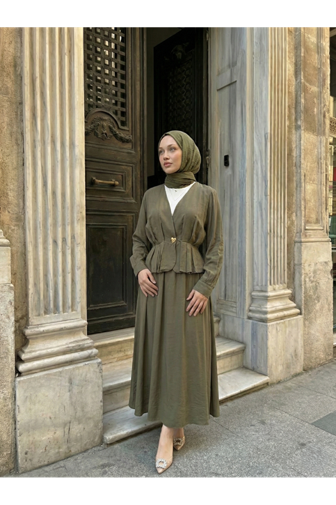 Ceket Düğme Detay Etekli Takım-Haki