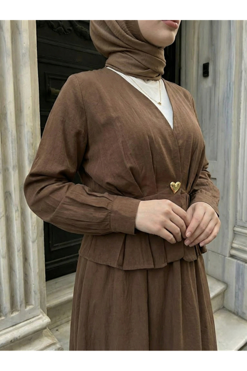 Ceket Düğme Detay Etekli Takım-Kahve