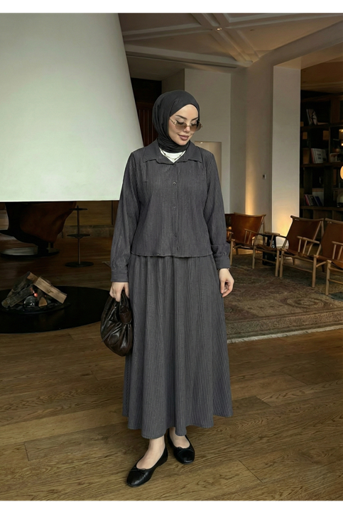 Omuz Pile Detay Etekli Takım-Antrasit