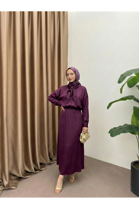 Yaka Detay Etekli Saten Takım-Mürdüm