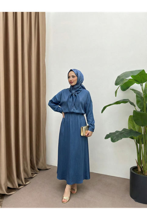 Yaka Detay Etekli Saten Takım-Petrol Mavisi