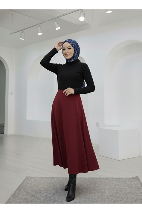 Çıma Detaylı Parçalı Etek-Bordo