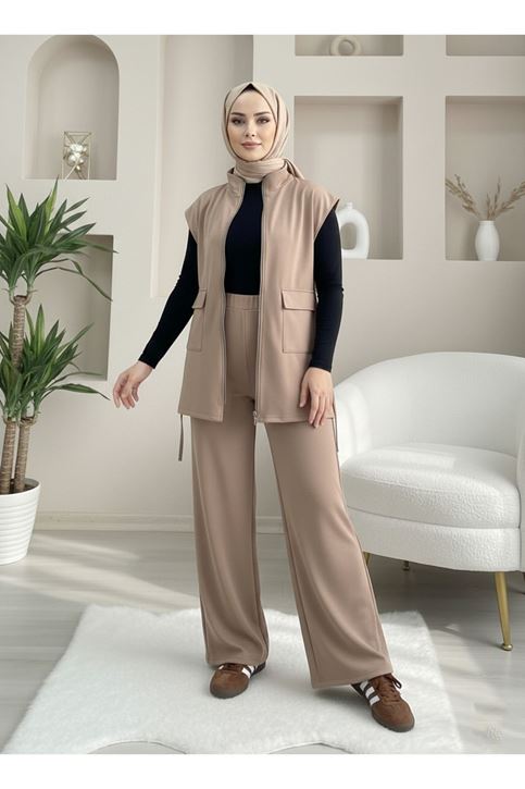 Fermuarlı Cep Detay Yelekli Takım-Vizon