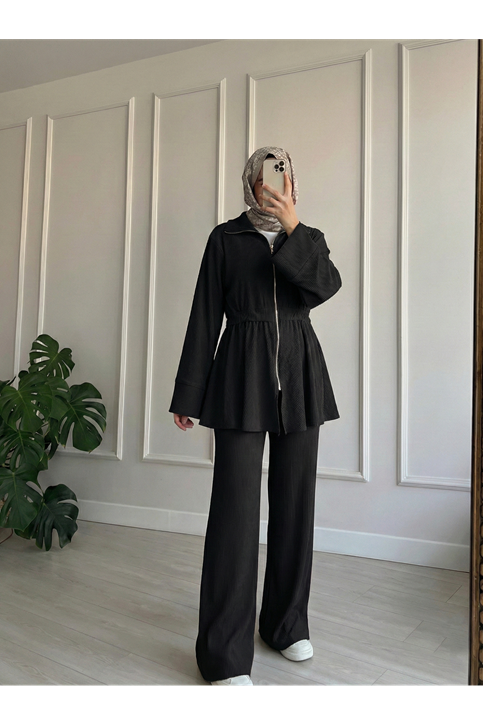 Fermuarlı Bel Hareket Detay Takım-Siyah