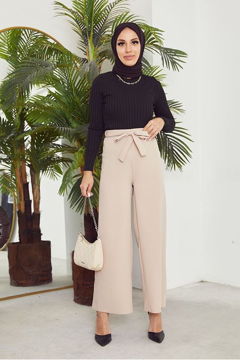 Kadın Beli Lastikli Bağlama Detaylı Geniş Paça Tesettür Pantolon-Taş