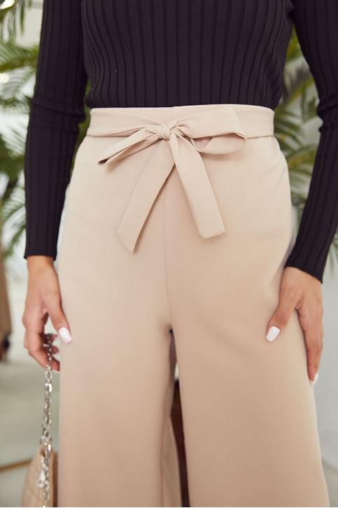 Kadın Beli Lastikli Bağlama Detaylı Geniş Paça Tesettür Pantolon-Taş