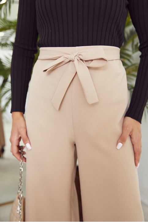 Kadın Beli Lastikli Bağlama Detaylı Geniş Paça Tesettür Pantolon-Taş