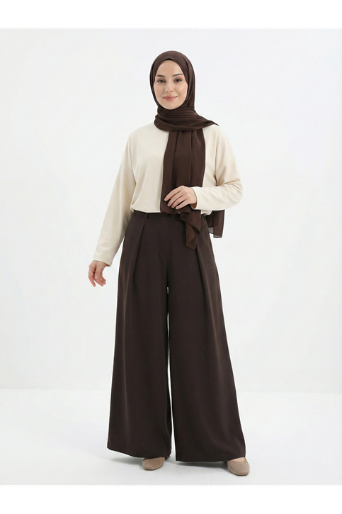 Geniş Pileli Pantolon-Kahve