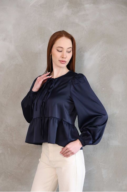Yaka Biye Etek Büzgülü Tunik-Lacivert