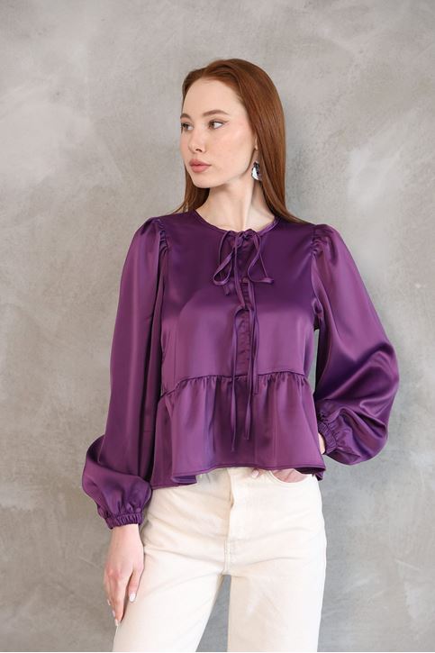Yaka Biye Etek Büzgülü Tunik-Mor