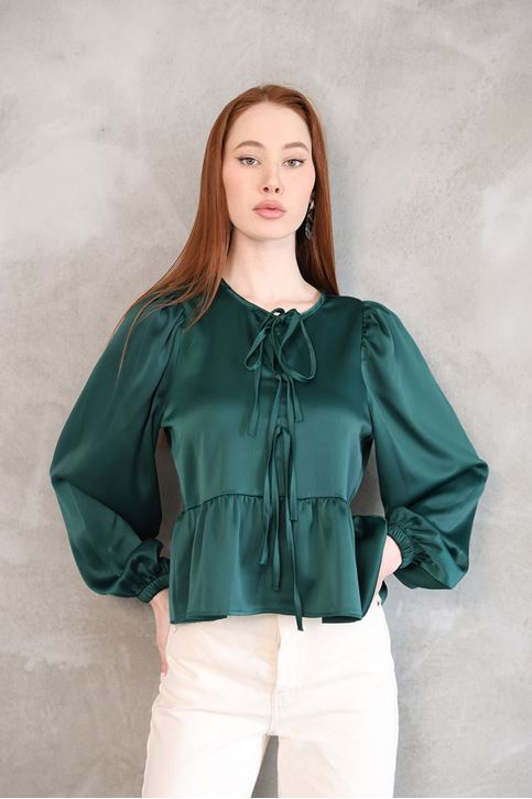 Yaka Biye Etek Büzgülü Tunik-Zümrüt Yeşili
