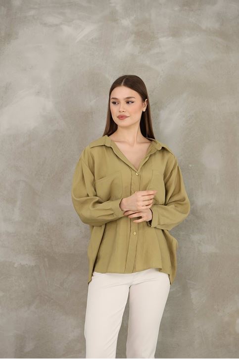 Çift Cep Dokuma Modal Tunik-YAĞ YEŞİLİ