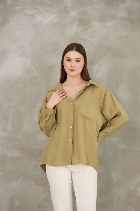 Çift Cep Dokuma Modal Tunik-YAĞ YEŞİLİ
