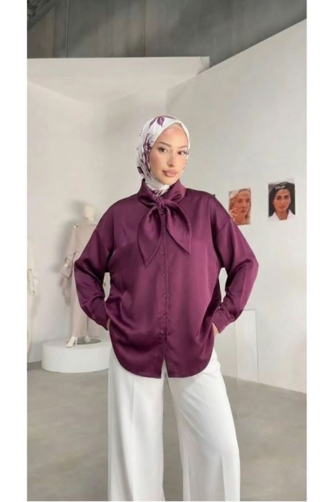 Yaka Detay Saten Tunik-Mürdüm