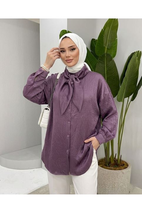 Yaka Detay Saten Tunik-Gül Kurusu