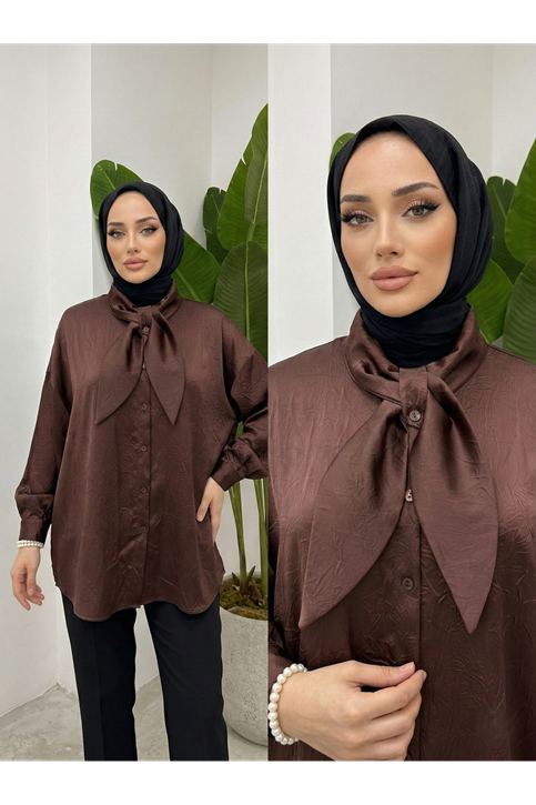 Yaka Detay Saten Tunik-Kahve