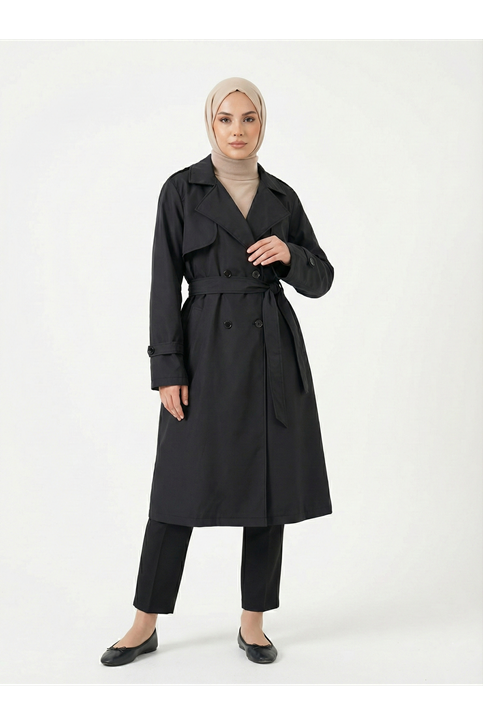 Flota Cep Detay Uzun Trençkot-Siyah