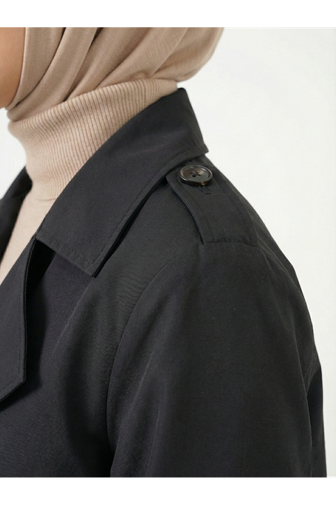 Flota Cep Detay Uzun Trençkot-Siyah