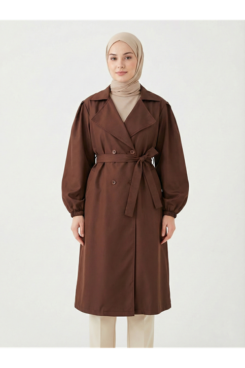 Düğmeli Kruveze Uzun Trenç-Kahve