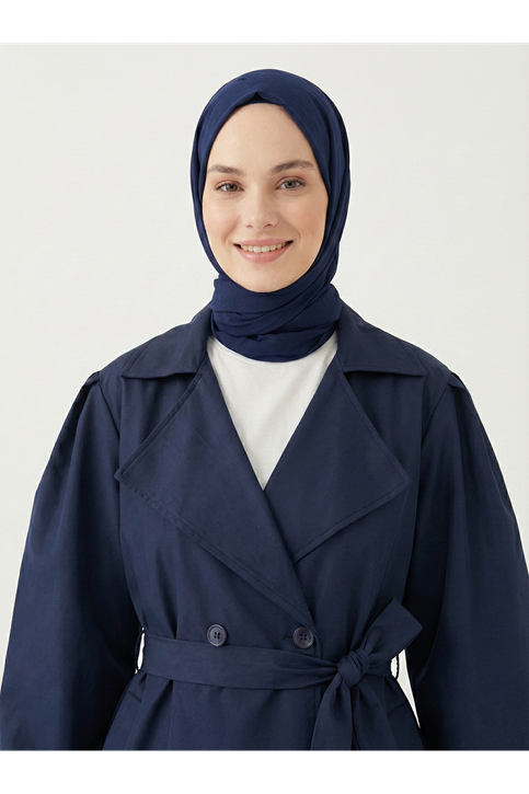 Düğmeli Kruveze Uzun Trenç-Lacivert