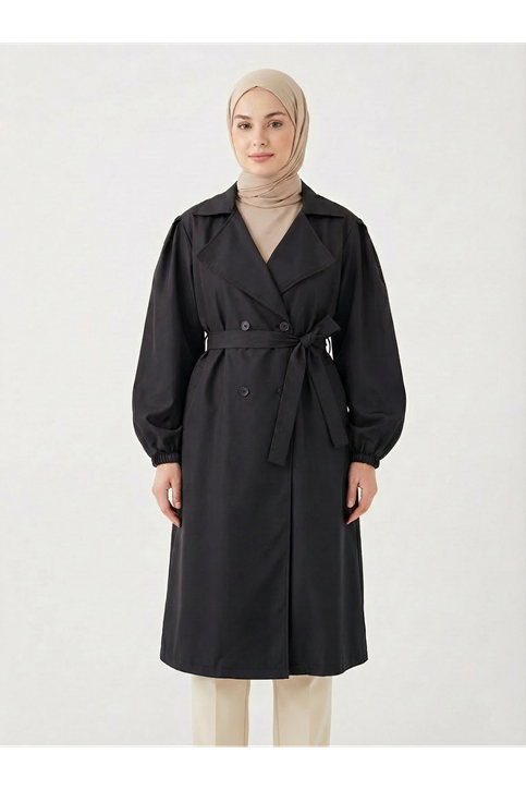 Düğmeli Kruveze Uzun Trenç-Siyah