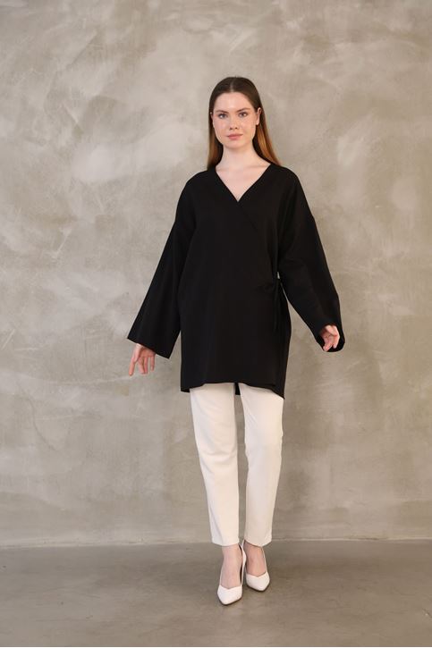 Yan Bağlamalı Atlas Tunik-Siyah