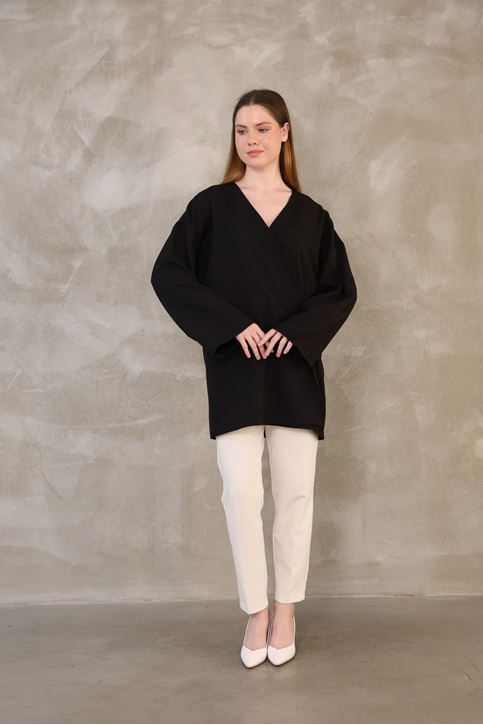 Yan Bağlamalı Atlas Tunik-Siyah