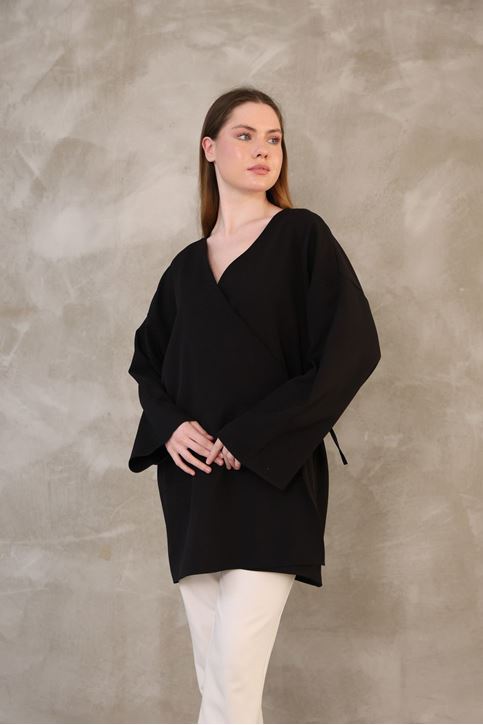 Yan Bağlamalı Atlas Tunik-Siyah