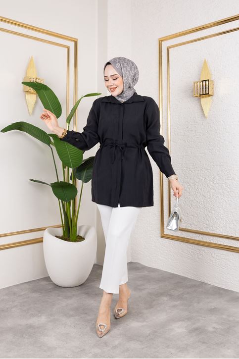 Kadın Beli Tünel Kuşak Detaylı Gölek Yaka Trend Yazlık Modest Modal Kumaş Tesettür Tunik-Siyah