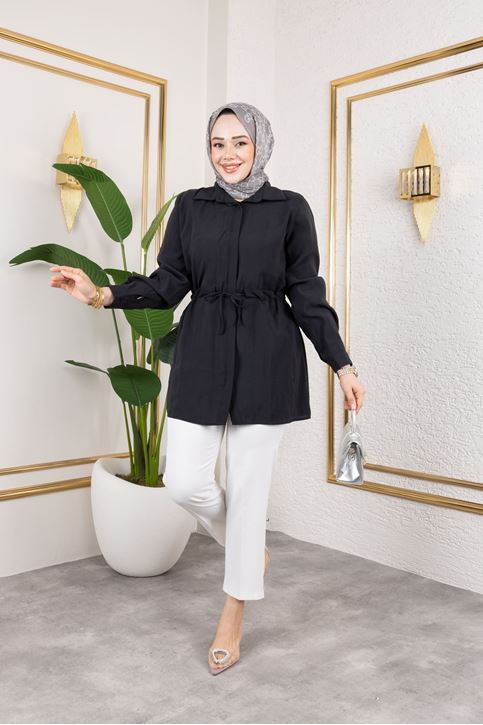 Kadın Beli Tünel Kuşak Detaylı Gölek Yaka Trend Yazlık Modest Modal Kumaş Tesettür Tunik-Siyah