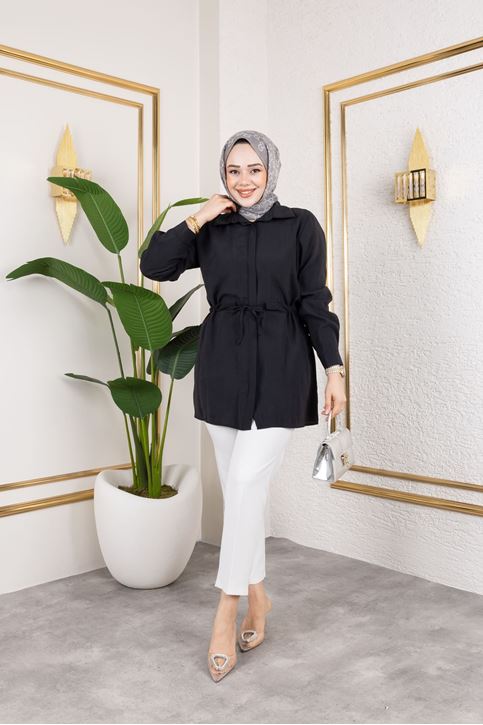Kadın Beli Tünel Kuşak Detaylı Gölek Yaka Trend Yazlık Modest Modal Kumaş Tesettür Tunik-Siyah
