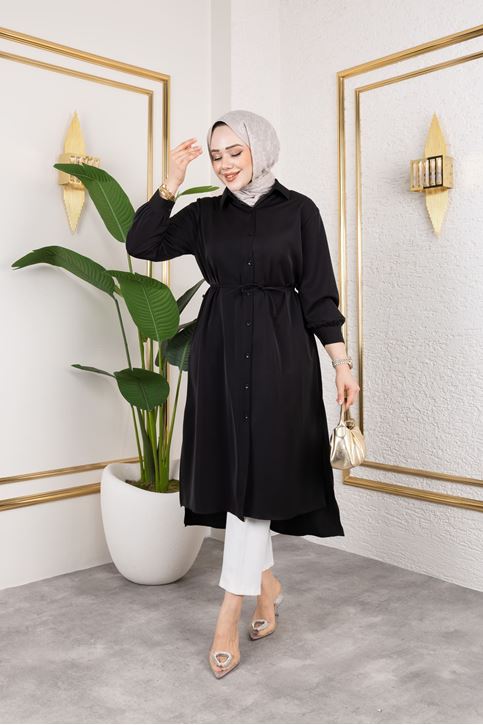 Kadın Yırtmaç Detaylı Kuşaklı Gömlek Yaka Boydan Düğmeli Uzıun Tesettür Tunik-Siyah