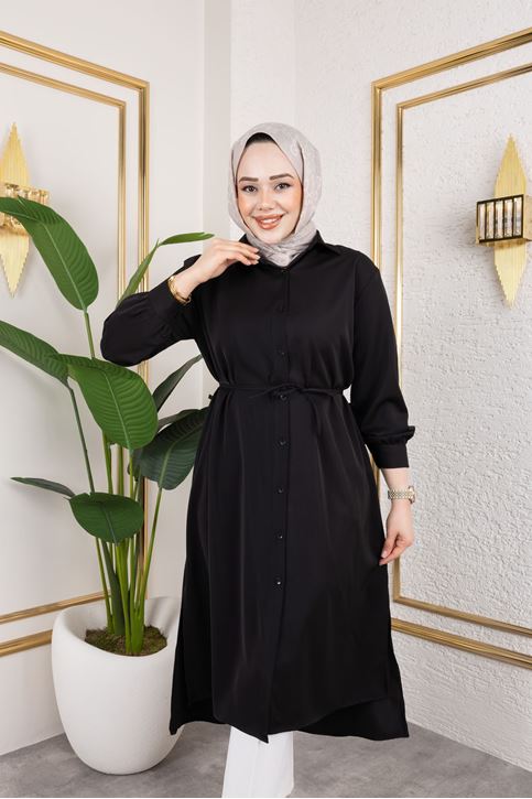 Kadın Yırtmaç Detaylı Kuşaklı Gömlek Yaka Boydan Düğmeli Uzıun Tesettür Tunik-Siyah